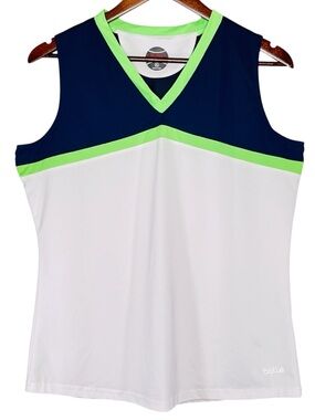 Bolle' White and Navy Green Activewear Tank Top V-Neck Tennis Golf Women Size XL